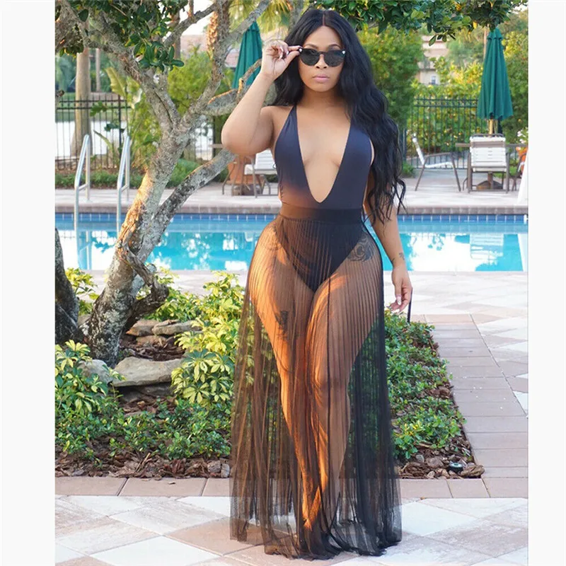 

hirigin New Fashion Womens Cover Up Sheer Beach Style Long Skirts Female Casual Summer A-Line Skirt Ladies Empire Solid