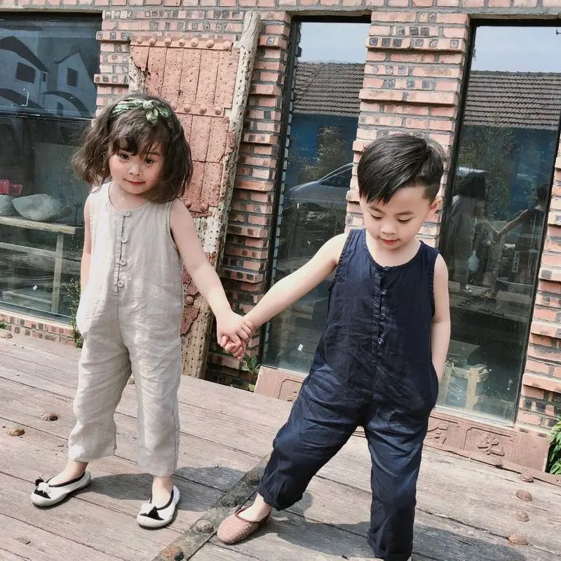 

Children Summer Cotton And Linen Jumpsuit Baby Boys Girls Korea Pure Color Sleeveless Button Jumpsuit