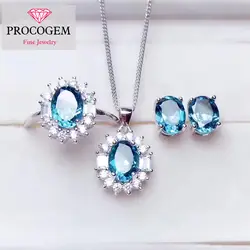 Природный Голубой топаз тонкой комплекты украшений для женщин девочек подарок подлинных драгоценных камней с цирконом Ожерелье Кольцо