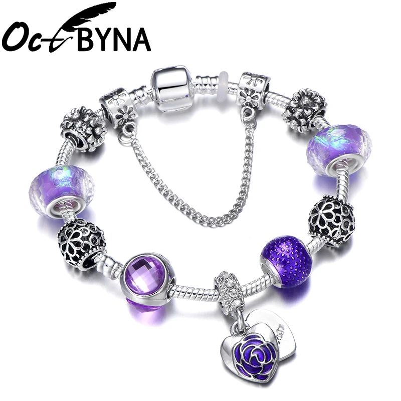 

Octbyna Charm Bracelets For Women Plant Flower Heart Pendant Fine Bracelet & Bangles Valentine's Day Jewelry Dropshipping