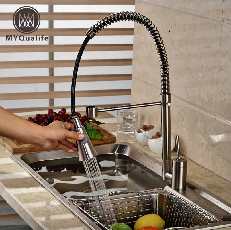 Brushed Nickel Kitchen Sink Bar Mixer Tap Single Lever Rotation Pull Down Kitchen Faucet with Hot