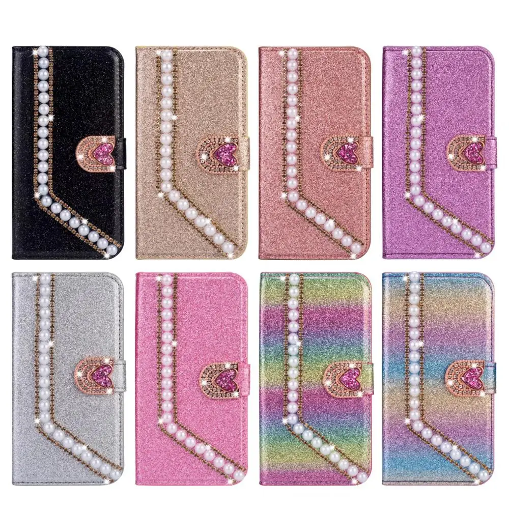 

Flip Leather Wallet Card Stand Phone Case For iPhone X XS Max 8 7 6 XR Bling Glitter Diamond Love Pearl women