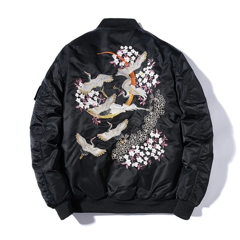 lower price  Embroidery Bomber Jacket Men Thin Bird Floral Pilot Jacket Male Japan Harajuku Baseball Jacket Spri