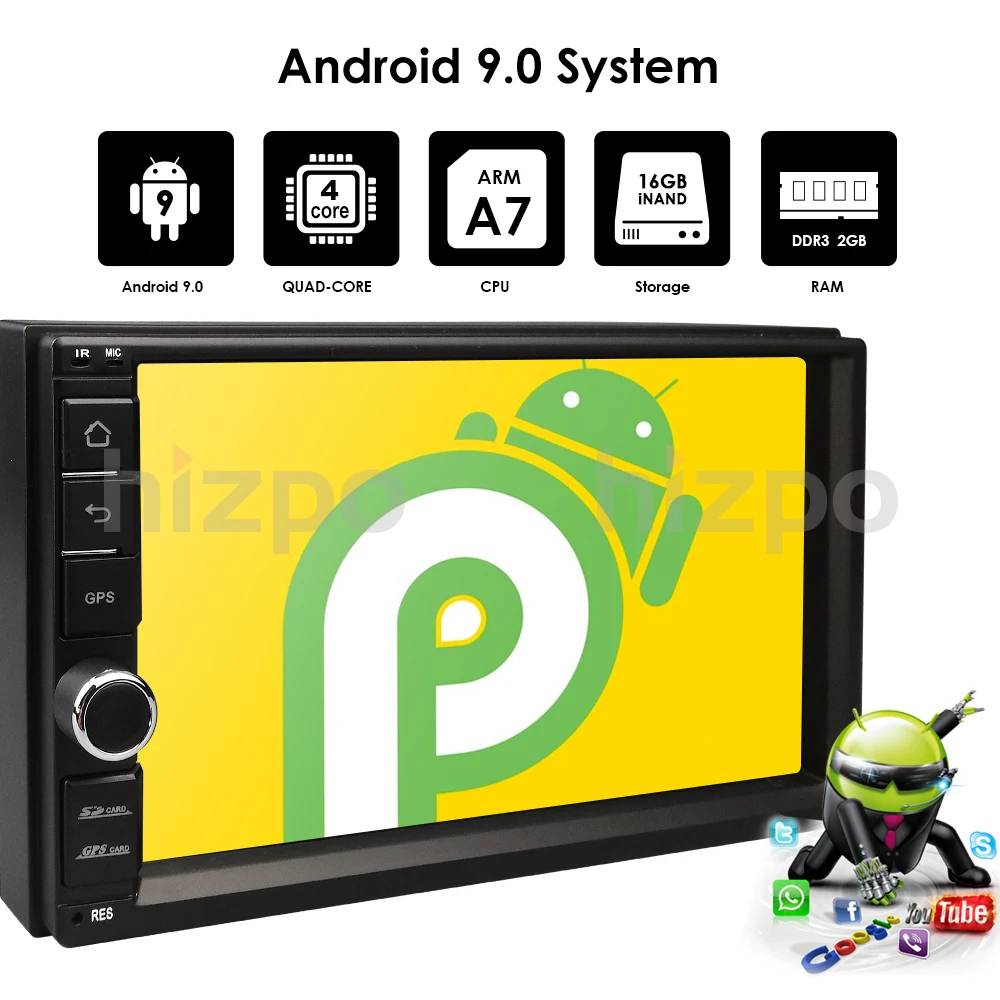 

Quad Core Android 9.0 2G RAM 16G ROM Support 4G WIFI Car GPS 2 din Universal Car No DVD Radio player 1080P DVR DAB+ TPMS Camera