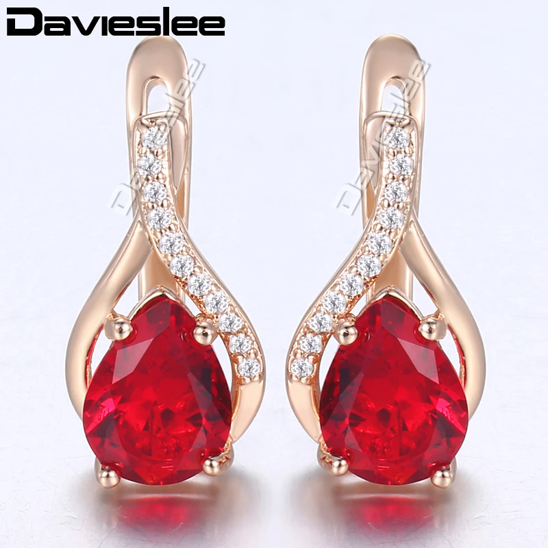 

Davieslee 585 Rose Gold Filled Earrings Water Shaped Red Stone Paved Clear CZ For Women Stud Earrings Fashion Jewelry LGE175