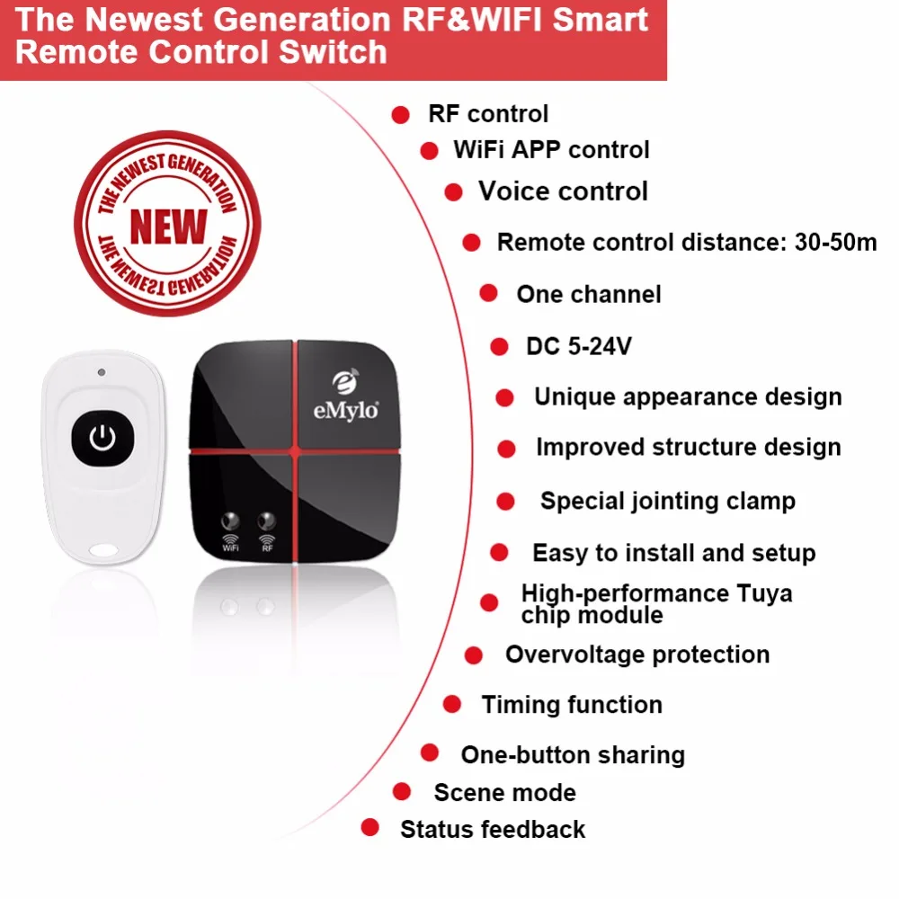 EMylo Smart Wi-Fi реле Беспроводной 433 МГц RF пульт дистанционного управления Управление совместим с Alexa, Google Home DC 5 V-24 V 1 канал