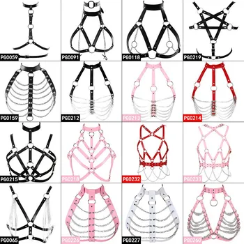 

Punk Goth Body Harness Bra Leather Tops Chain Hollow Out Bras Garter Belt Plus Size Halloween Club Party Dance Festival Rave