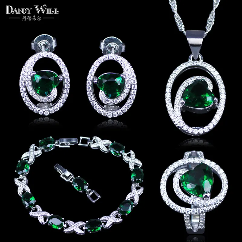 

Green Cubic Zirconia 925 Stamp Silver Color Jewelry Sets Bracelets Earrings Necklace Pendant Ring Size 6 / 7 / 8 / 9 / 10