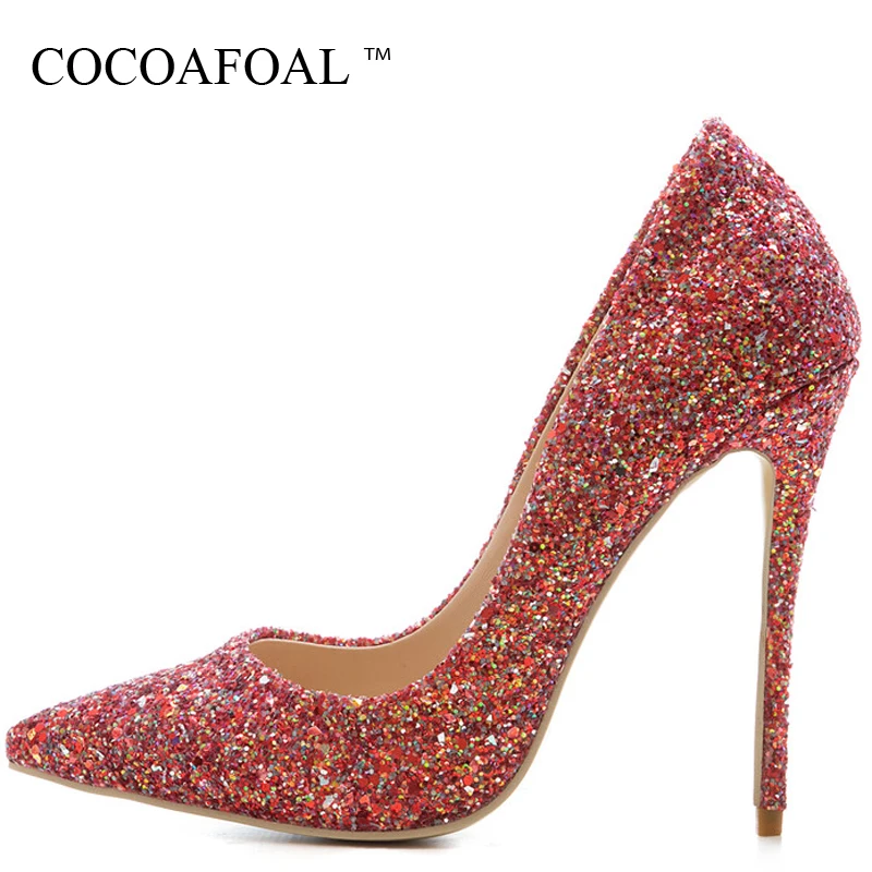 

COCOAFOAL Woman Plus Size 33 43 Glitter Shoes Sexy Stiletto Golden Silver Valentine Shoes Bling Blue Pointed Toe Wedding Pumps