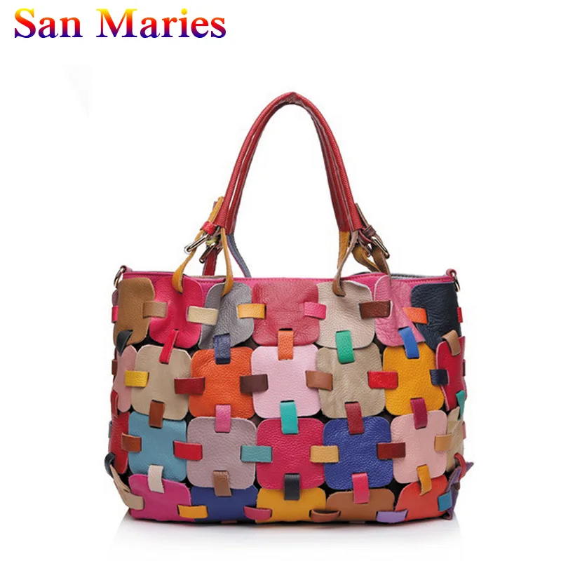 

San Maries Women Shoulder Bag Female Causal Totes Casual Cow Leather Handbag Colorful Block Patchwork Bag
