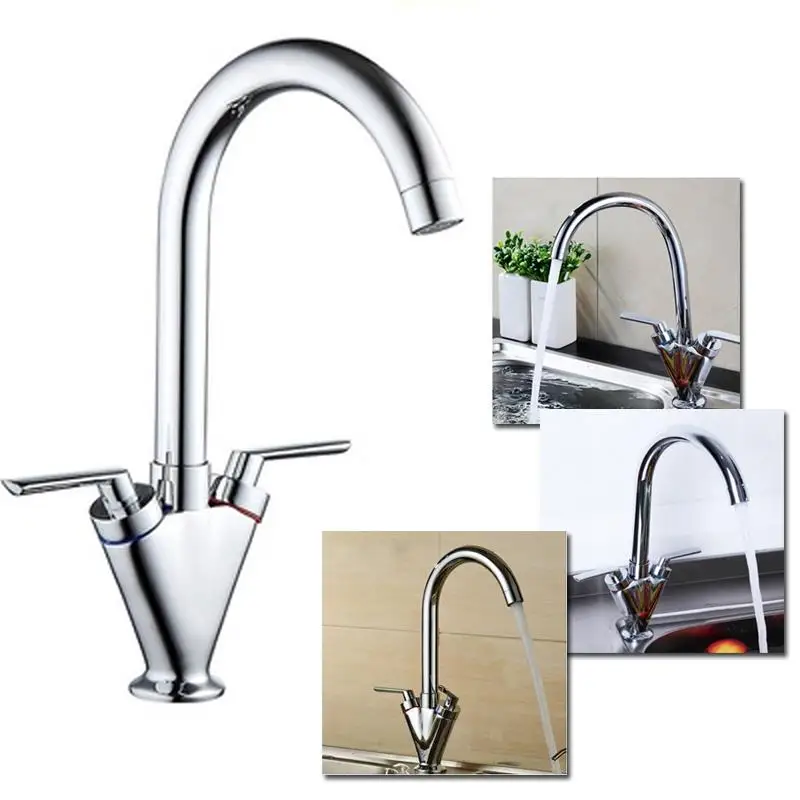 

Simple Style Dual Handle Cold And Hot Water Mixer Tap Kitchen Faucet Outlet Pipe Of Gooseneck Design