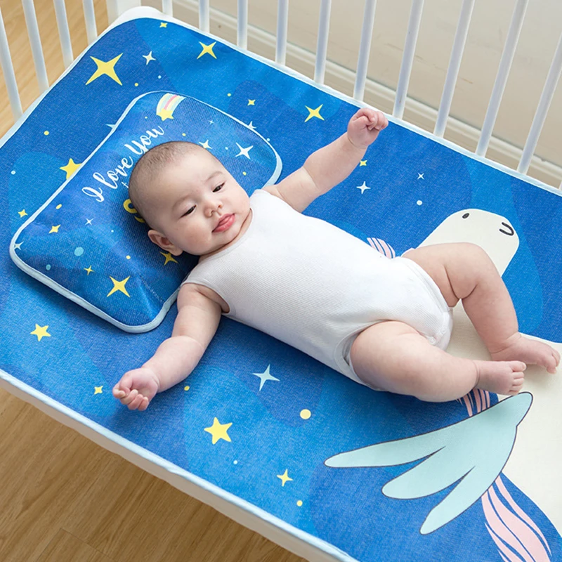 

Tree Summer Baby Bed Sheet Cartoon Printed Sheet Ice Silk Mat Kit Newborn Bedsheets Cartoon Kid's Summer Sleeping Mat and Pillow