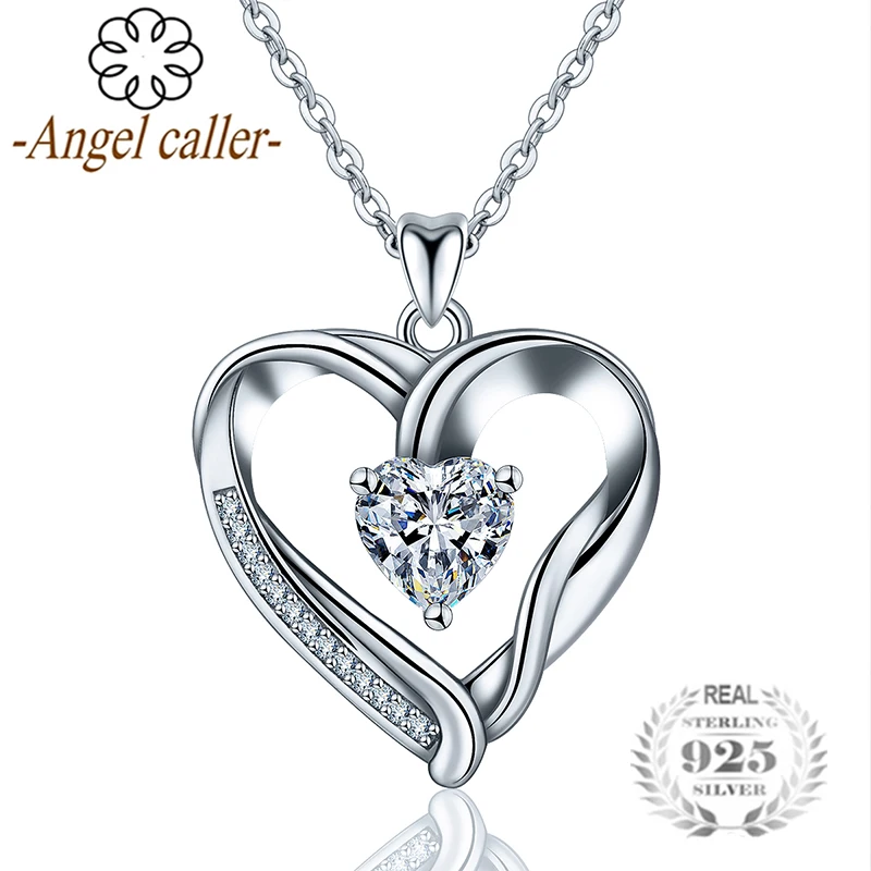 

Angel Caller 925 Sterling Silver Love Heart Pendant Necklace Clear Zircon Necklaces Women Fine Jewelry for Wedding Engagement