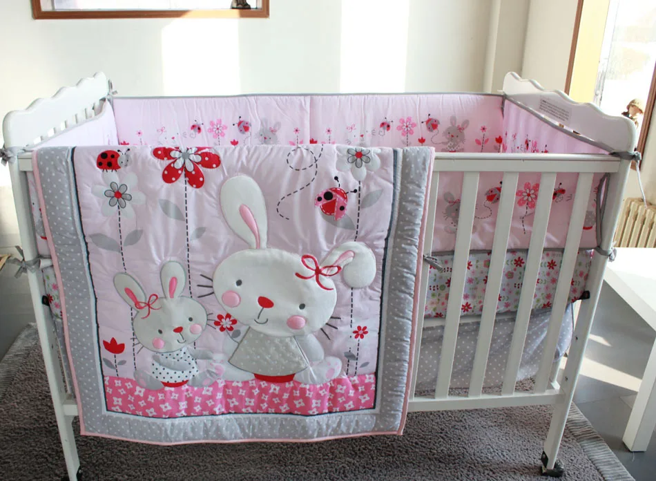 us $92.5 50% off|ups free pink rabbit cartoon baby bedding set baby cradle  crib cot bedding set cunas crib quilt sheet bumper bed skirt included-in