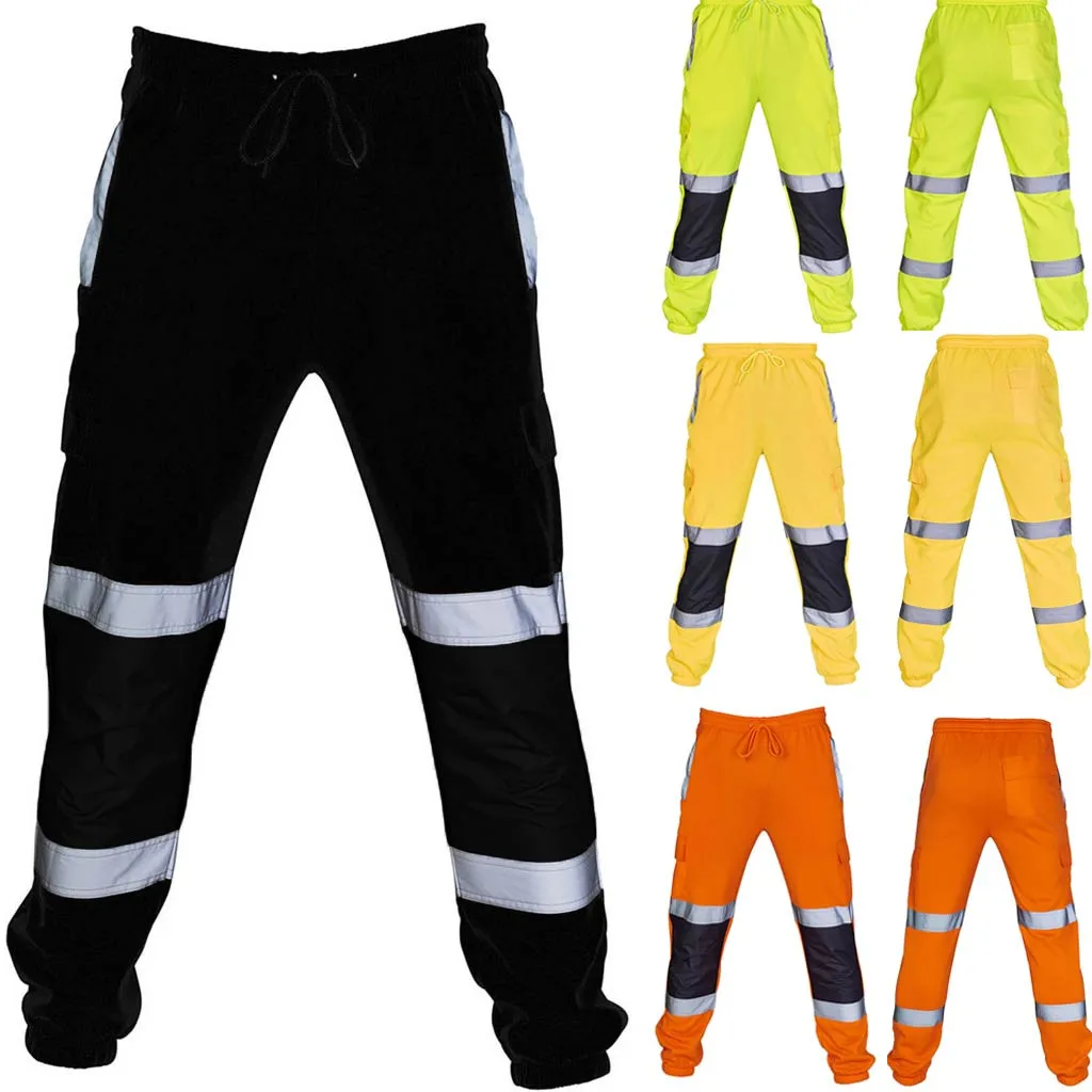 

Men pants Sweatpants Casual Road Work High Visibility Splicing Overalls Pocket Trouser Sport Pants streetwear pantalon homme NEW