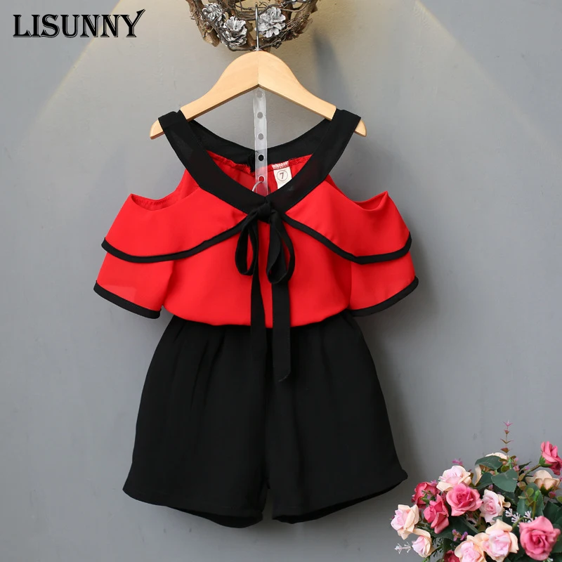 

2019 Summer Girls Strapless shoulder T-shirt Tops+Shorts 2PCS Set Chiffon Toddler Kid Baby Outfits Clothes Roupa Menina Conjunto