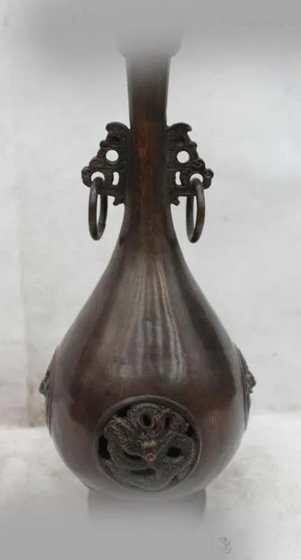 

11"Marked Chinese Folk Dynasty Bronze Dragon Flower Bottle Vase Statue