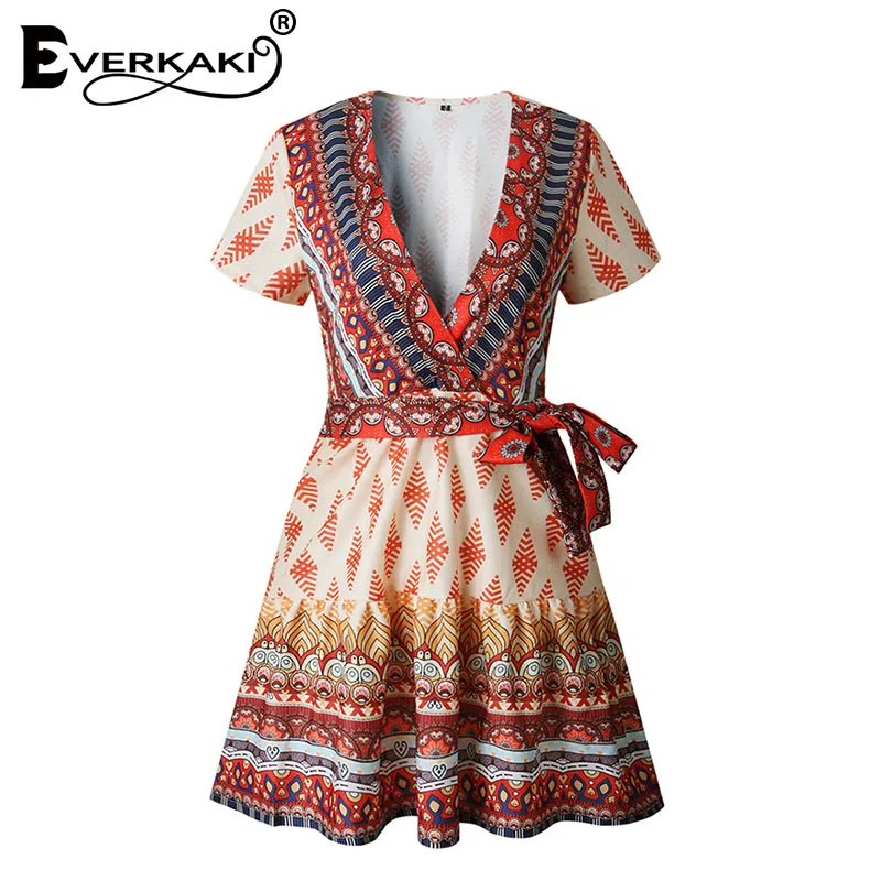 Женское платье-мини с этническим принтом Everkaki Boho Gypsy, с поясом, v-образный вырез, короткий рукав, богемное платье для женщин, лето-осень, новинка - Цвет: Yellow