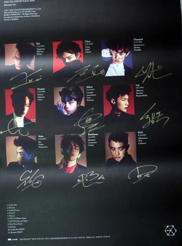 EXO K + M постер с автографом аутентичный 3nd альбом EX'ACT новая официальная версия