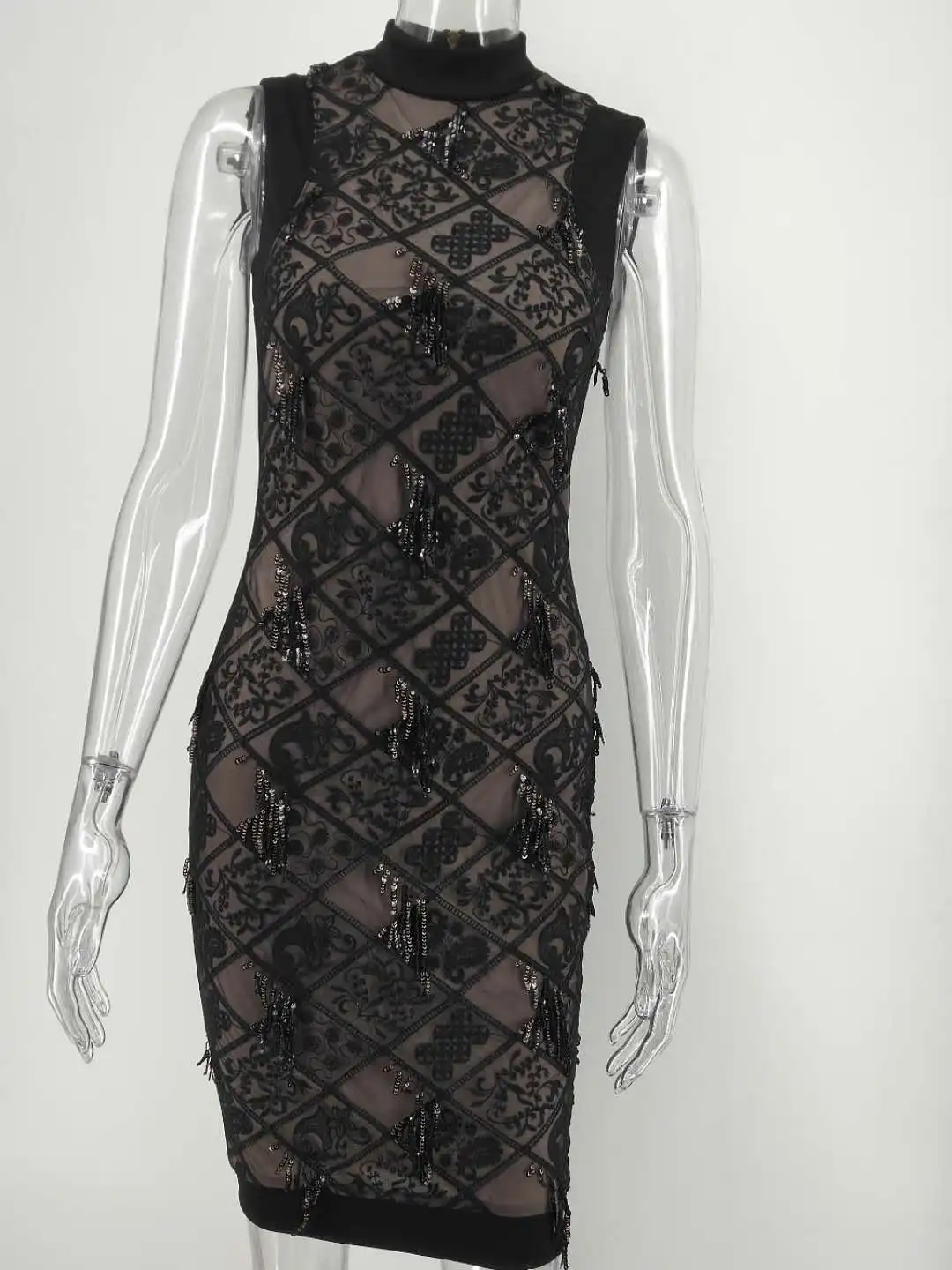 Sexy Sleeveless Royal Black Embroidery Fringe Great Gatsby Party Dress Women  Dress Sequin Beaded Tassels Hem Flapper Dress