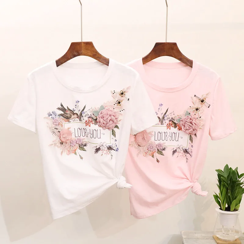 

Summer Tees Woman 2019 New Pearl Sequins 3D Flower Swallow Printed Short-sleeved T-shirt Girls Student Bamboo Cotton Shirts Tops