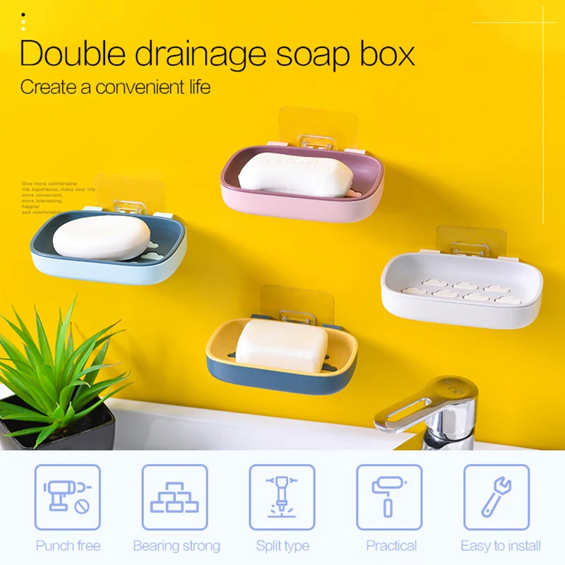 Portable Viscose Soap Holder Punch-Free Double-Layer Soap Box travel Bathroom-Mounted Drain Rack bathroom gadgets accessories