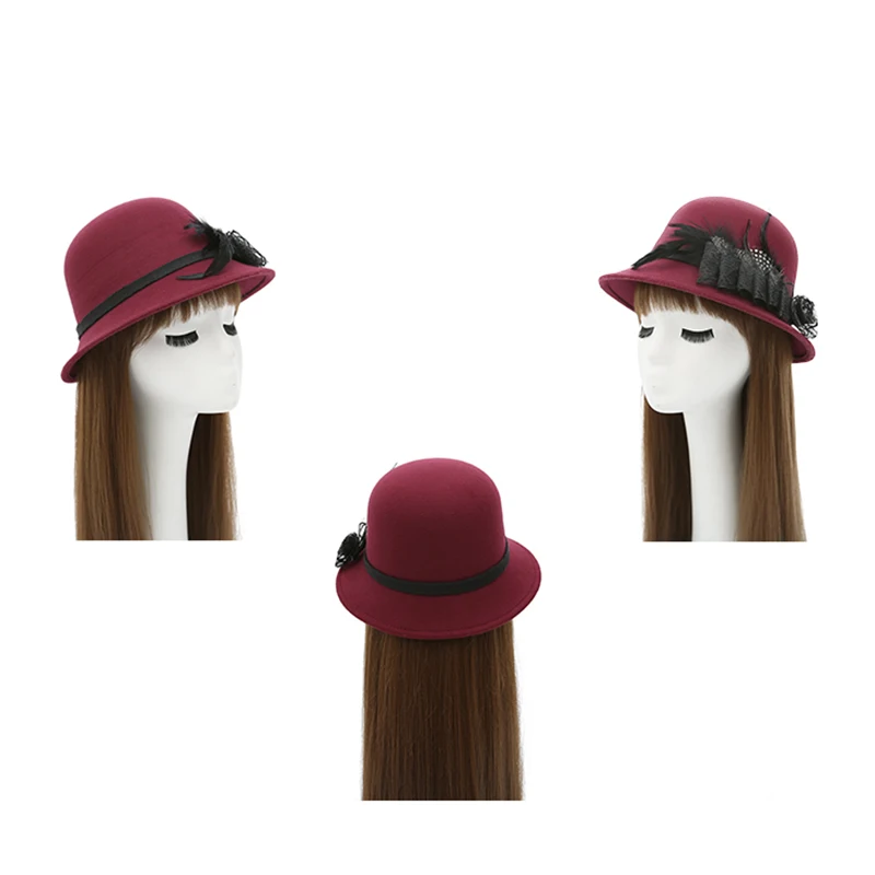 Liuweishun осень зима классический Для женщин Шляпы фетровые для женщин шляпа марлевые перья шерсть, как чувствовал леди Fedora цветочный партии