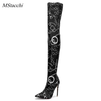 

Mstacchi Printing Flowers Slip on Boots Women Over The Knee Boots For Woman Stretch Boots Stilettos Pointed Toe Thigh High Boots