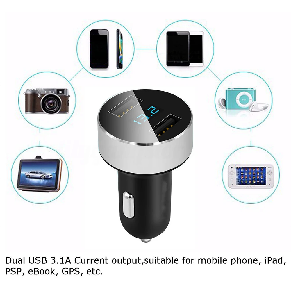 المزدوج USB آمنة متعددة الوظائف 5 V 3.1A مصابيح LED مستديرة شاشة ديجيتال سريعة تهمة سبائك الألومنيوم ترموستات حماية شاحن سيارة