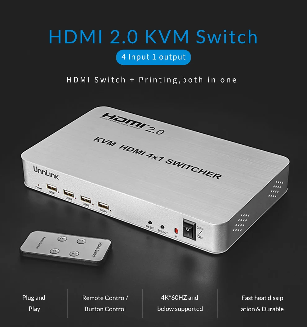 Unnlink HDMI 2,0 4X1 KVM коммутатор 4 порта USB KVM HDCP 2,2 HDR HDMI коммутатор UHD 4 k@ 60 Гц 1080P с для 4 настольных компьютеров и ноутбуков