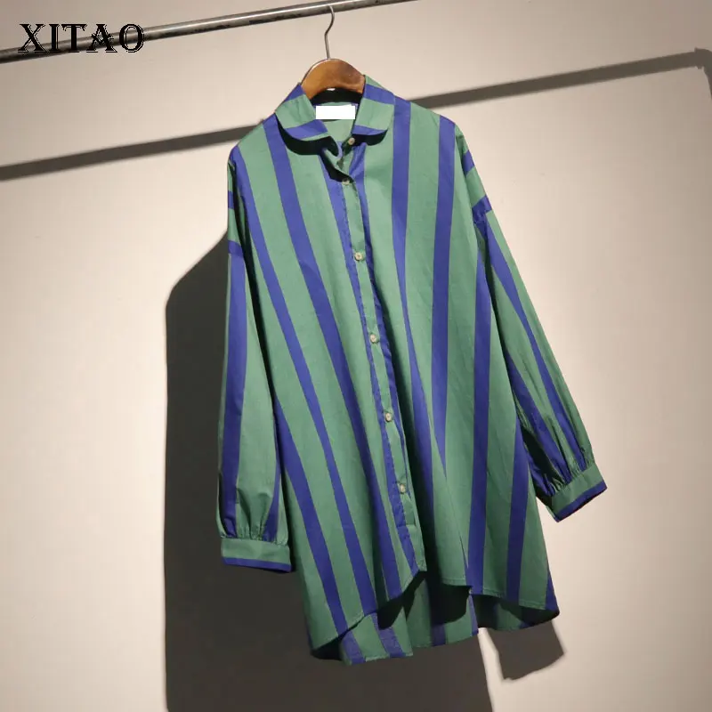 

[XITAO] Contrast Color Fashion Women 2019 Spring Summer Turn-down Collar Shirt Female Striped Single Breasted Blouse DLL1475