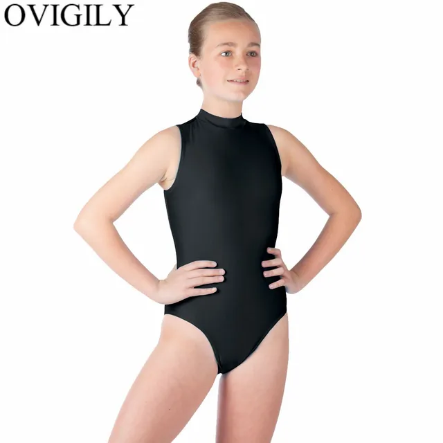 OVIGILY Girls Black Sleeveless Turtleneck Leotards For Gymnastics Kids