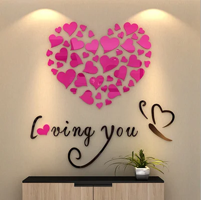 5 Размер разноцветное сердце «любовь» 3D акриловая декоративная наклейка на стену DIY Художественный настенный плакат для дома декоративный стикер на стену для спальни зала s - Цвет: Rose Red