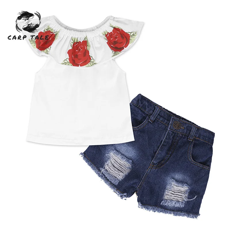 

Explosion children's clothing hot sale 2019 summer girls set baby girl rose flat shoulder T + shorts infant girl clothing