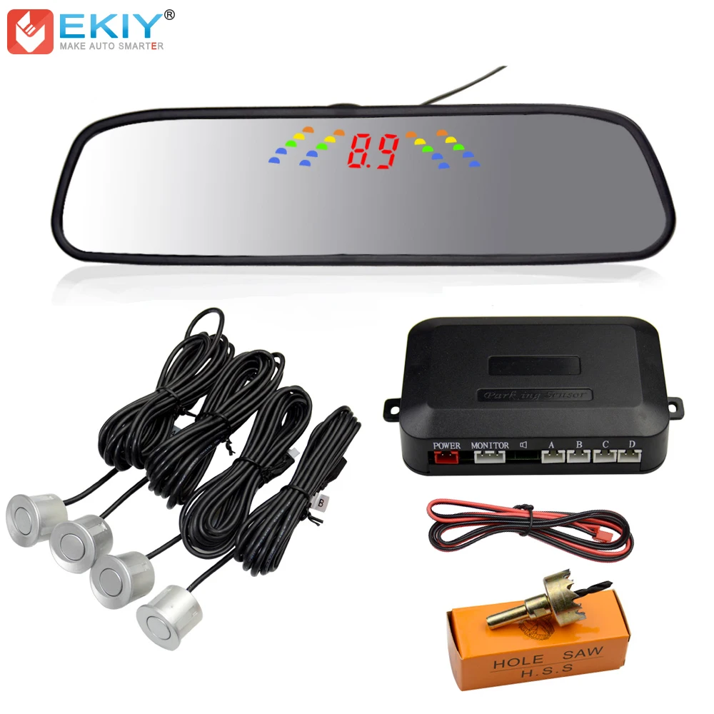 

EKIY PZ306 Parking Mirror Digital LED Display Auto Parking Radar System 4 Sensor Bi-Bi Buzzer Car Parking Sensor Assistant Kit