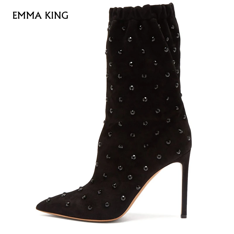 

NEW Black Rivets Studded Socks Boots Women Pointy Toe High Heels Ankle Boots for Women Botas Mujer 2019 Free ShippingEURO 35#-43