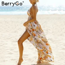 BerryGo/богемное летнее платье с открытой спиной для женщин, цветочный принт, глубокий v-образный вырез, chifon, женские платья, праздничное пляжное платье с разрезом, женские платья