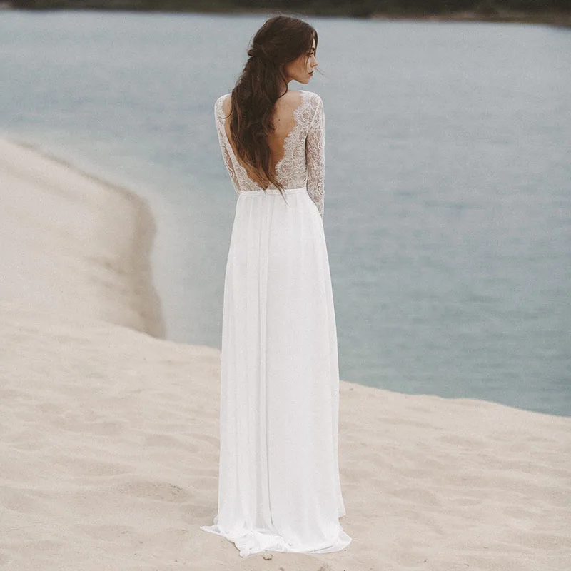 LORIE пляжные свадебные платья с длинным рукавом V Neack кружевной топ трапециевидная шифоновая юбка открытая спина винтажное свадебное платье невесты платье