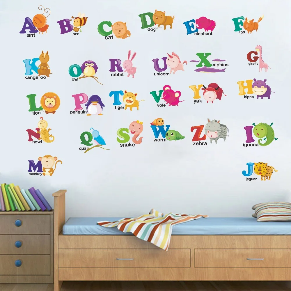 ABC Alphabets Teaching Cartoon Animal Art Decal For Kids Nursery Bedroom Vinyl Wall Sticker Home Decor Self Adhesive Wallpaper