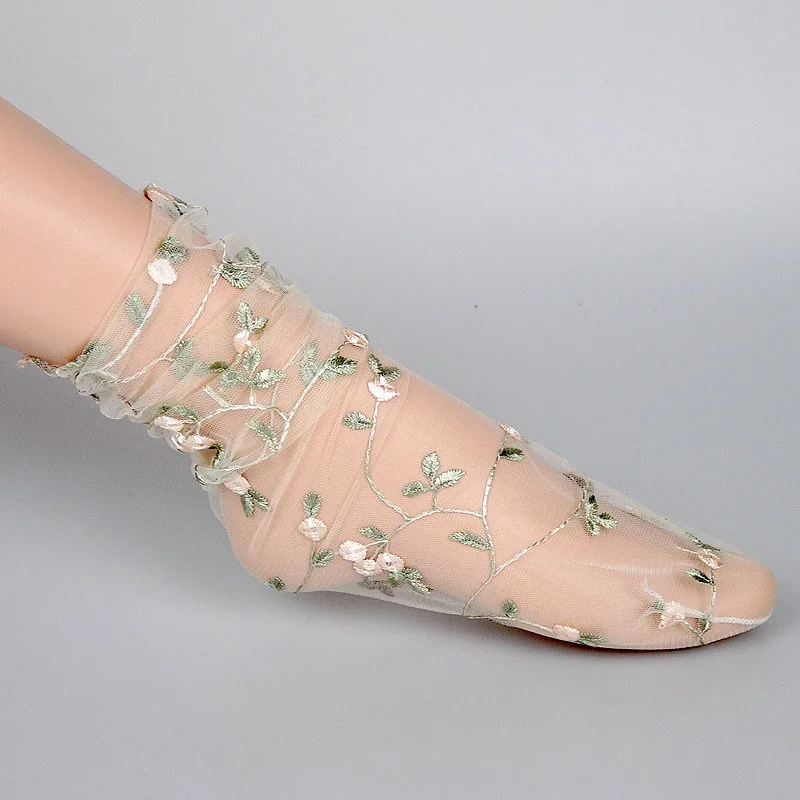 

Women Embroidery Flowers Lace Socks Girls Crystal Glass Silk Transparent Elastic Socks Vintage Summer Funny Socks skarpetki