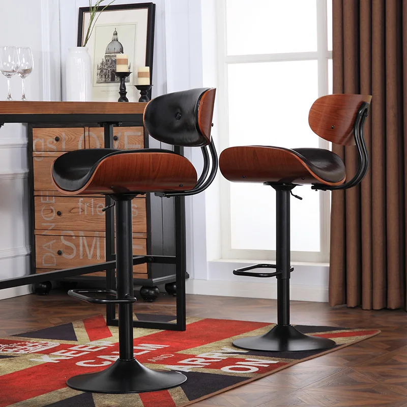 Retro Lifted Bar Chair with Wooden Backrest Rotated PU Seat Leisure High Stool Ergonomic Multi-function Front Desk Bar Stool Retro Lifted Bar Chair with Wooden Backrest Rotated PU Seat Leisure High Stool Ergonomic Multi-function Front Desk Bar Stool