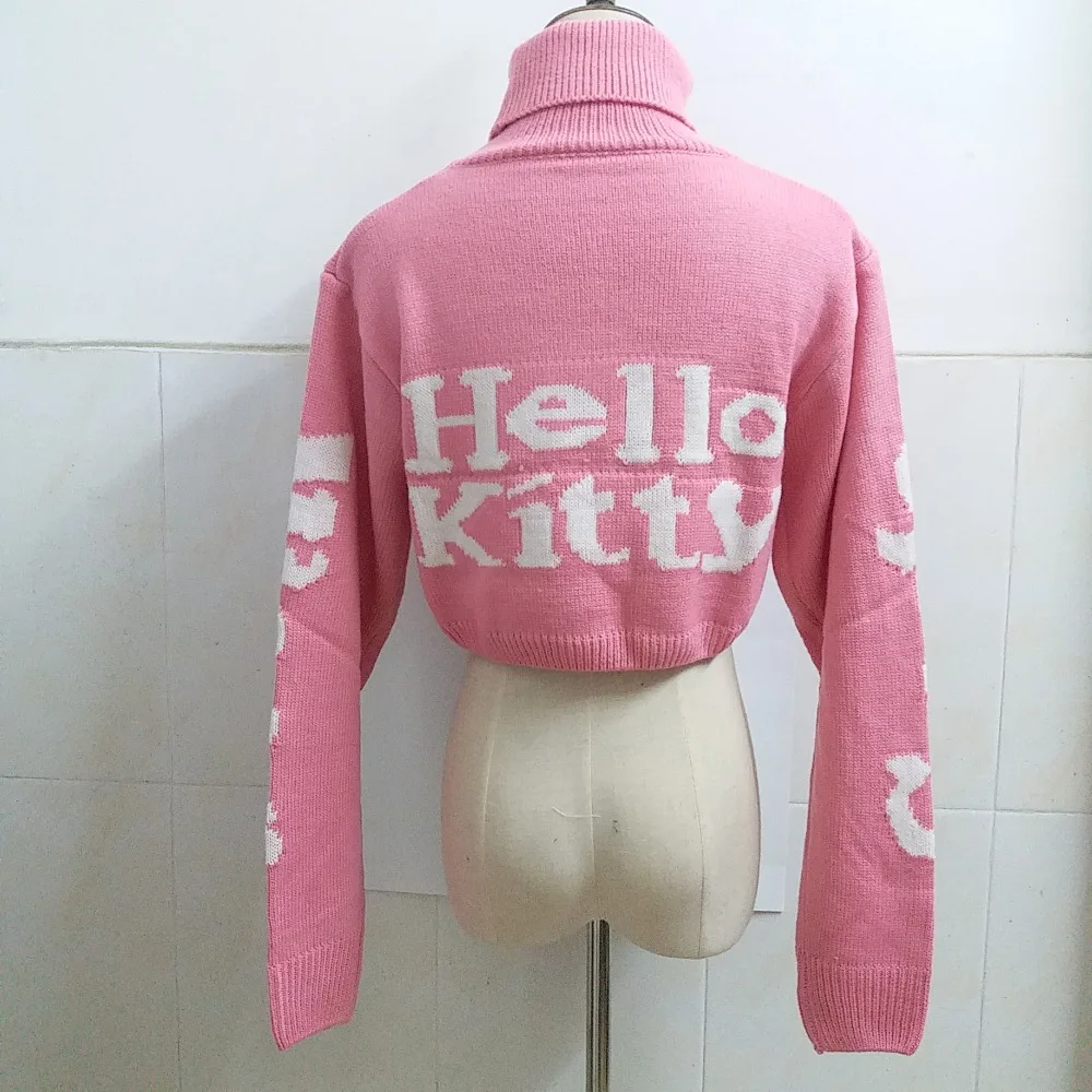 Cut Sweet 3D Cartoon Hello Kitty Pink Women's Pullovers Turtleneck Sweater Tops Long Sleeve Leaky Waist Short Knitted Sweaters