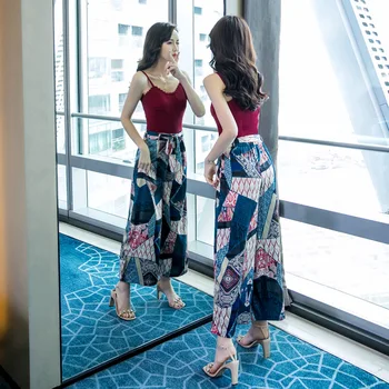 

Plus Size Spaghetti Strap Ladies Tank and Print Vintage Wide Leg Pants for Women Two Piece Set Fashion Casual Summer 2 Piece Se