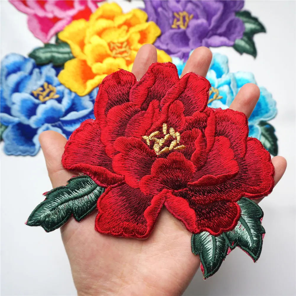 New Embroidered Peony Flower Applique Iron On Sew On Patch Dress Clothing DIY