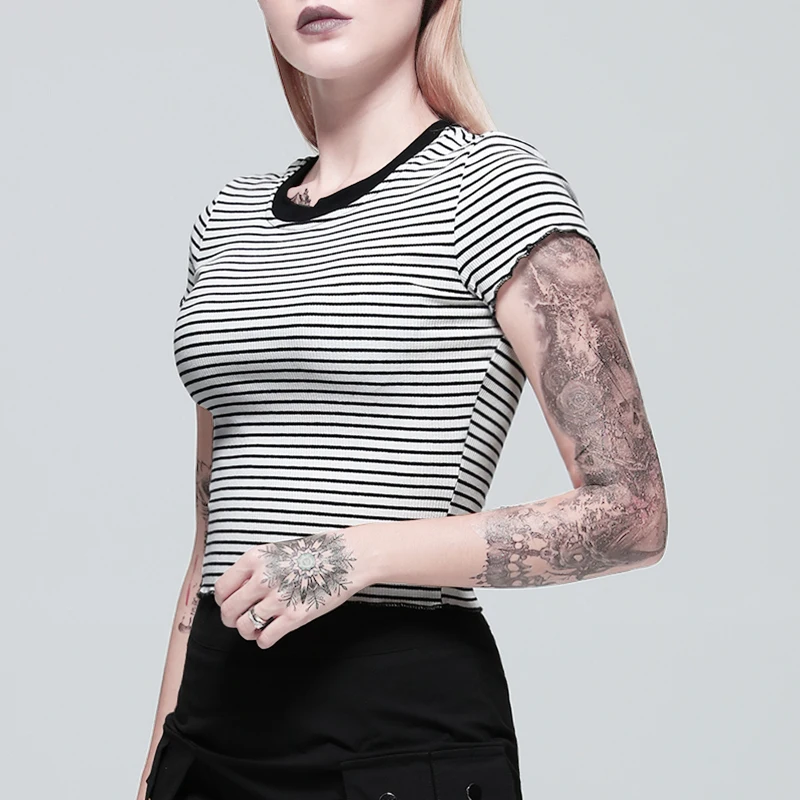 

Women Striped T-shirt Short Sleeve Bodycon T-shirts Black Striped Tops Casual Harajuku Summer O Neck T Shirts Camiseta Female