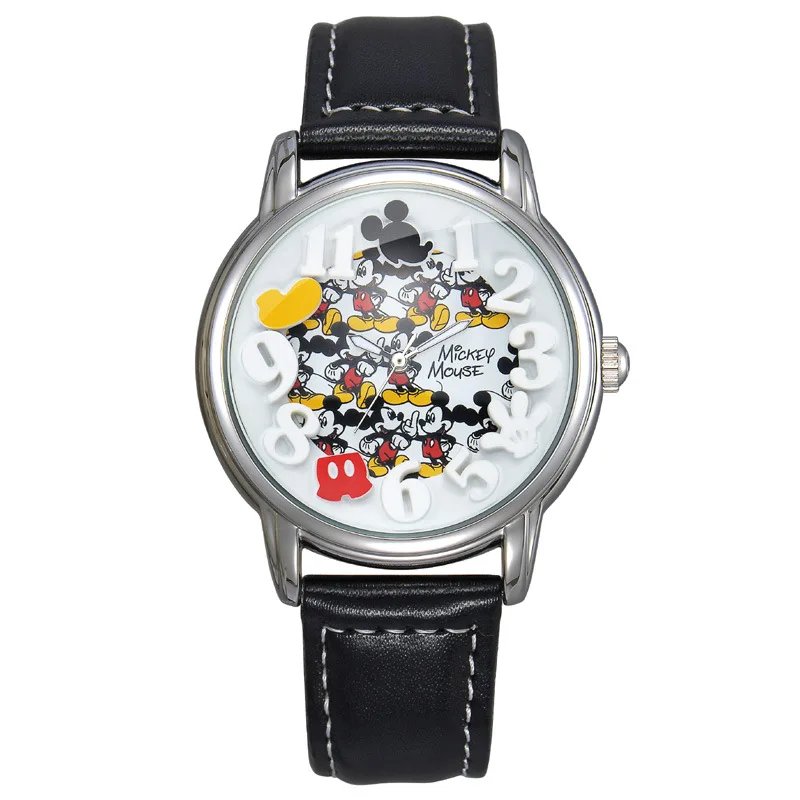 Disney Original mens wrist watches black yellow brown leather quartz clocks Mickey Mouse number student casual