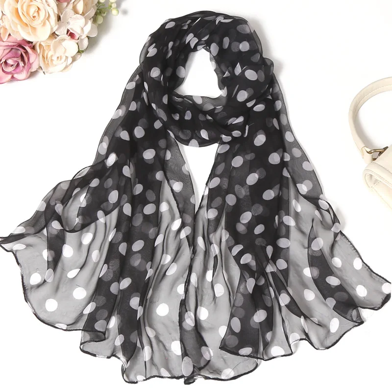 Классический черно-белый Шелковый шарф для женщин; сезон весна-осень; шаль в горошек; длинные шарфы; универсальный Воздухопроницаемый шарф