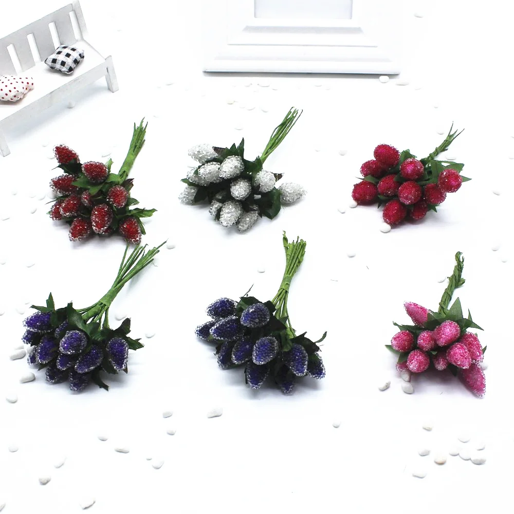 

12pcs/lot Christmas Red Cherry Stamen Small Glass Berries Artificial Flower Pearlized Wedding simulation glass Strawberry Decora
