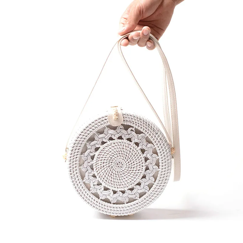 

NEW-New White Round Rattan Bags For Women Boho Beach Crossbody Bag Straw Handmade Woven Circle Shoulder Bag Female Handbags