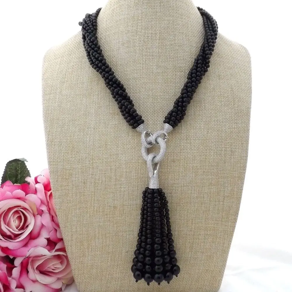 

K110101 20" 7Strands 4mm Onyx Necklace CZ Pendant